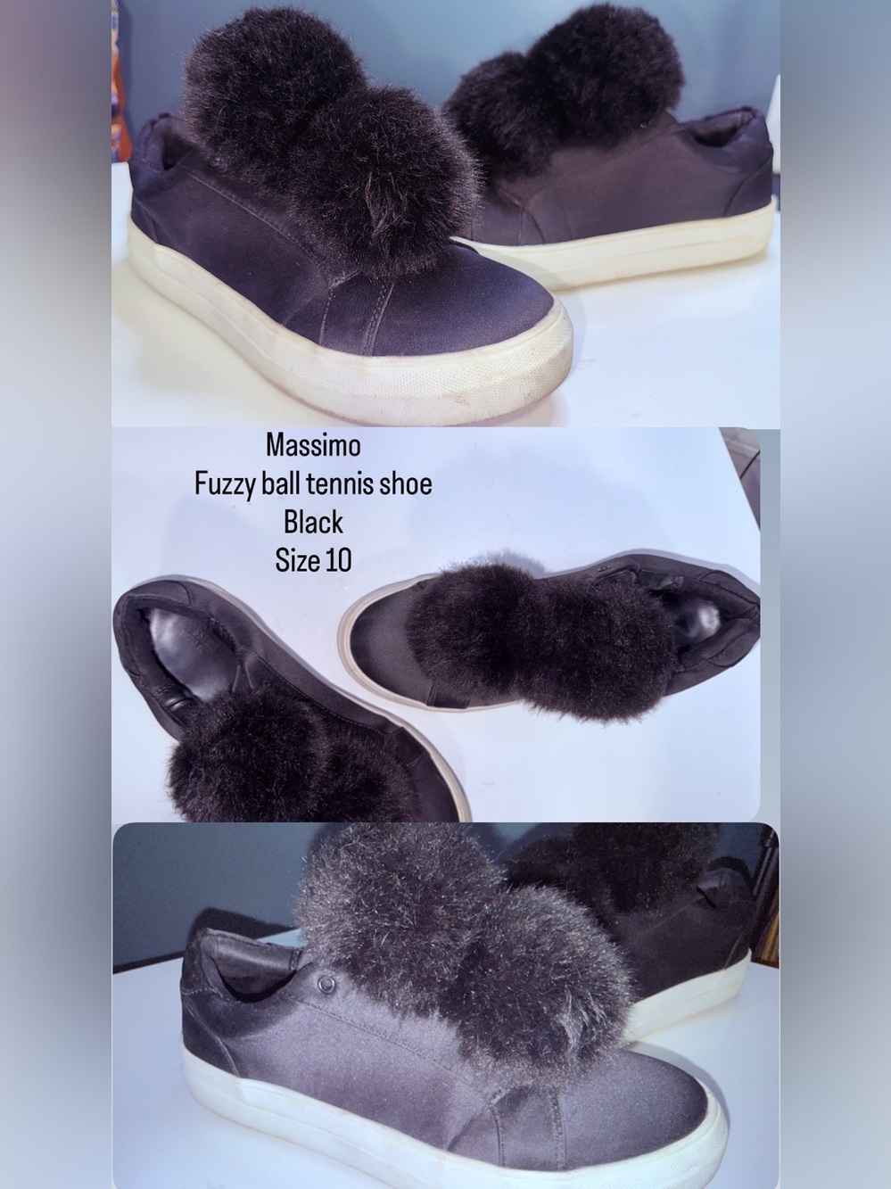 Massimo Black Slip-On Sneakers with Fuzzy Pom